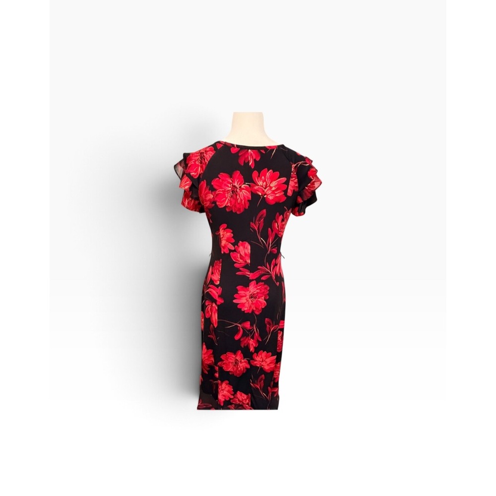 Perceptions Dress Women Small Black Red Floral Ruffle Sleeve High-Low Midi P220